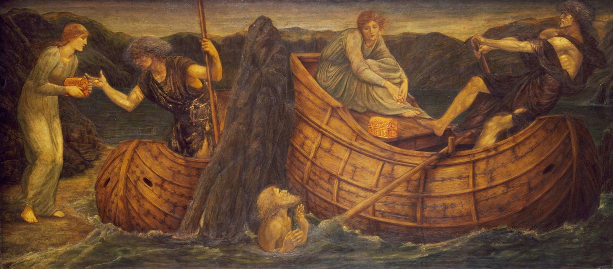 Kupidyn i Psyche - Pałacowe Zielone Malowidła - Psyche dająca Monetę Przewoźnikowi Styksu, 1881 autorstwa Edward Burne Jones
