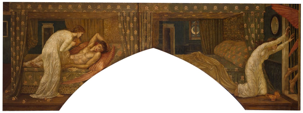 Kupidyn i Psyche - Pałacowe Zielone Murale - Psychika trzymająca lampę patrzy na twarz śpiącego Kupidyna i Psyche porzucone, 1881 autorstwa Edward Burne Jones