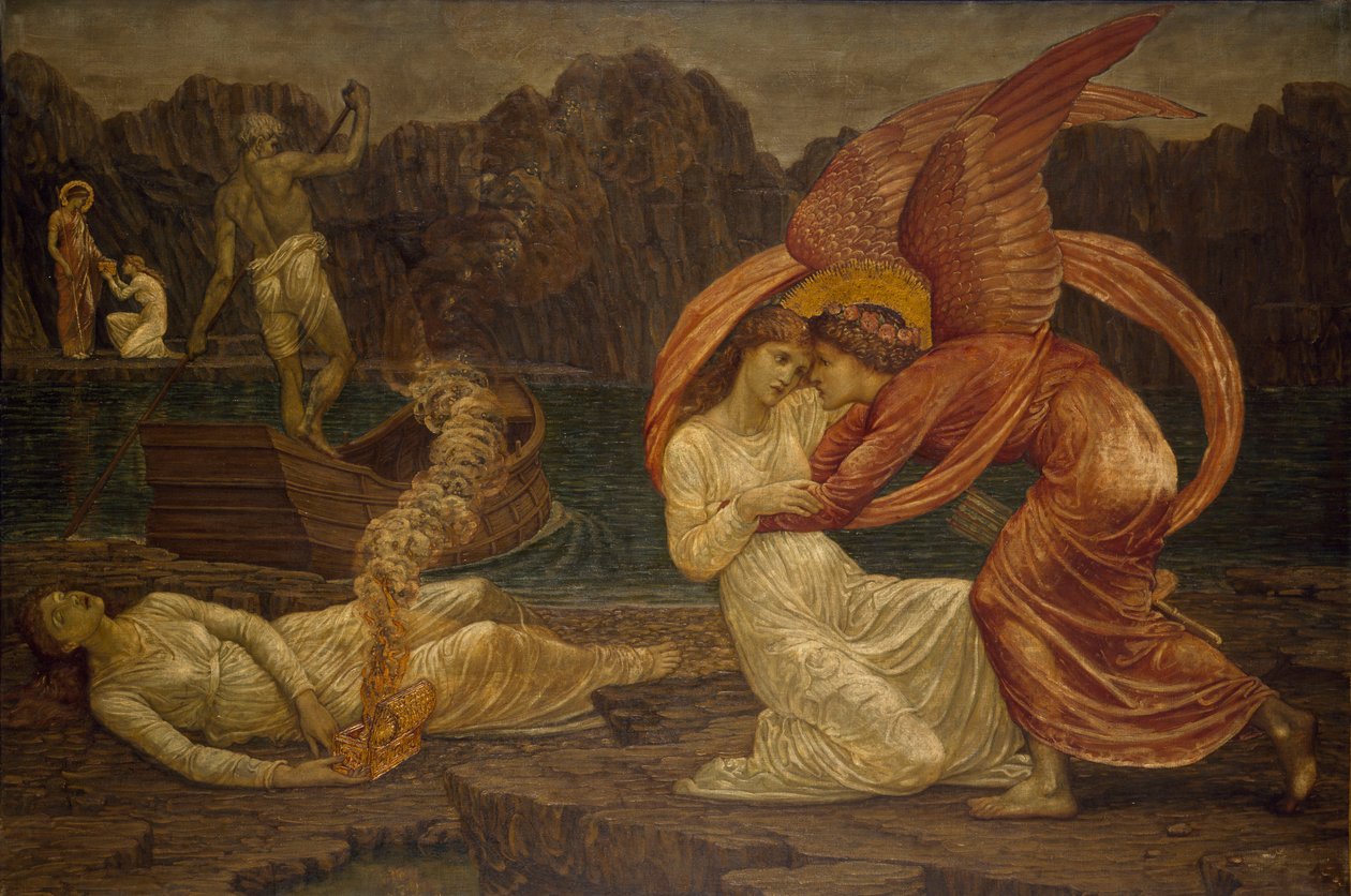Kupidyn i Psyche - Pałacowe Zielone Murale - Psyche otrzymująca szkatułkę od Prozerpiny, 1881 autorstwa Edward Burne Jones