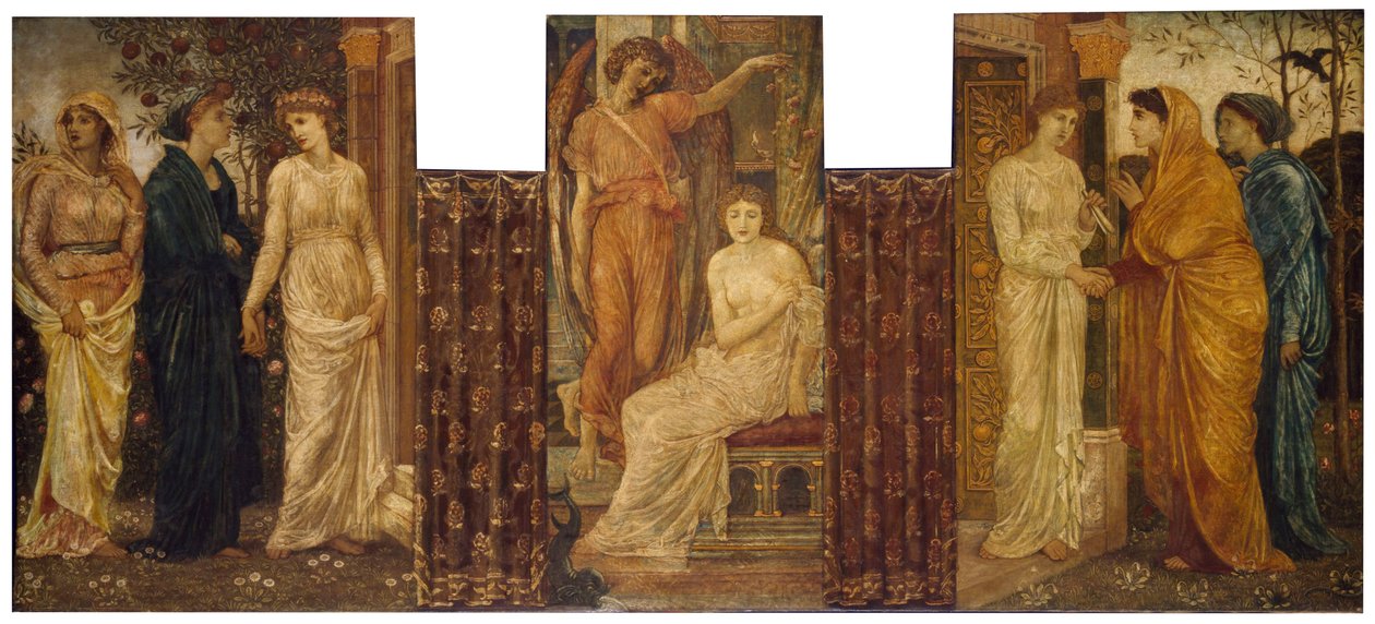 Kupidyn i Psyche - Pałacowe Zielone Murale - Siostry Psyche odwiedzają ją w Domu Kupidyna, 1881 autorstwa Edward Burne Jones