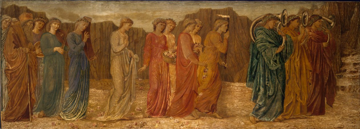 Kupidyn i Psyche - Pałacowe Zielone Malowidła - Król i inni Żałobnicy porzucają Psyche na rzecz Potwora, 1881 autorstwa Edward Burne Jones