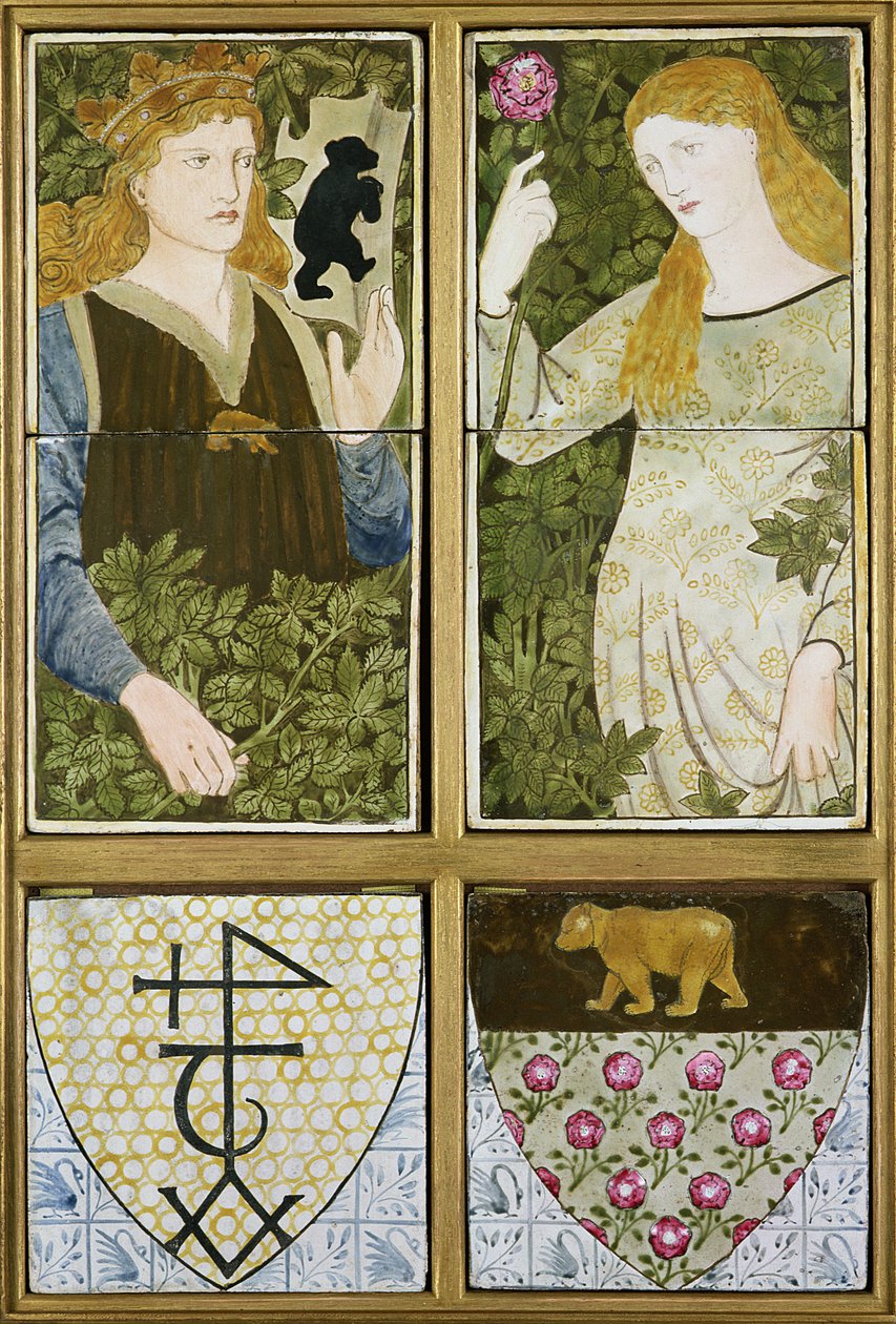 King Arthur i Queen Guinevere, Six Tile Panel wyprodukowany przez Morris, Marshall, Faulkner & Co. (ceramika) autorstwa Edward Burne Jones