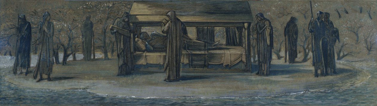 Król Artur w Avalon, ok. 1890 (mieszane media na papierze) autorstwa Edward Coley Burne Jones