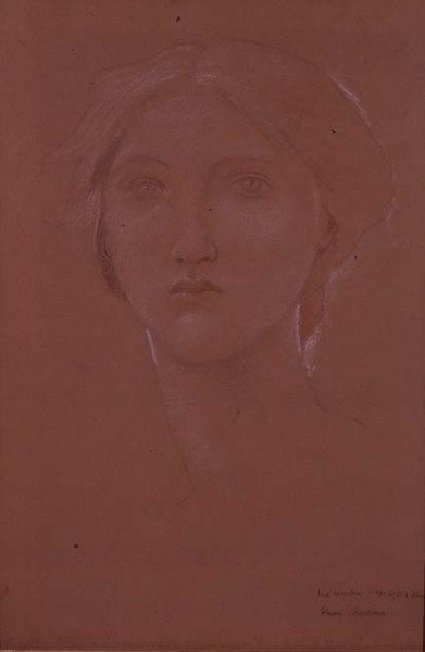 Studium Margaret Burne-Jones dla „Króla Cophetui i żebraczej pokojówki” (czarna, biała i sangwiniczna kreda na papierze) (patrz 100690) autorstwa Edward Coley Burne Jones
