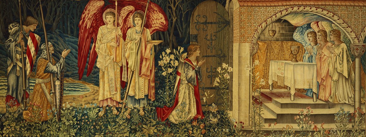 Osiągnięcie Świętego Graala Sir Galahada, Sir Borsa i Sir Percivala, autorstwa Edward Burne Jones