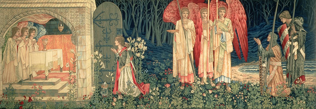 Osiągnięcie; Wizja Świętego Graala do Sir Galahada, Sir Borsa i Sir Percivala, z serii „W poszukiwaniu Świętego Graala”, 1895-96 autorstwa Edward Burne Jones