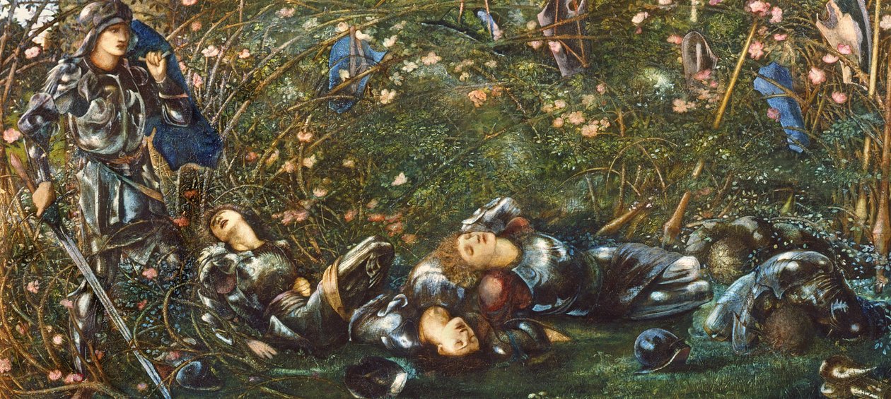 Książę wchodzi do Briar Wood, ilustracja z „Legendy Briar Rose” 1871-72 autorstwa Edward Burne Jones