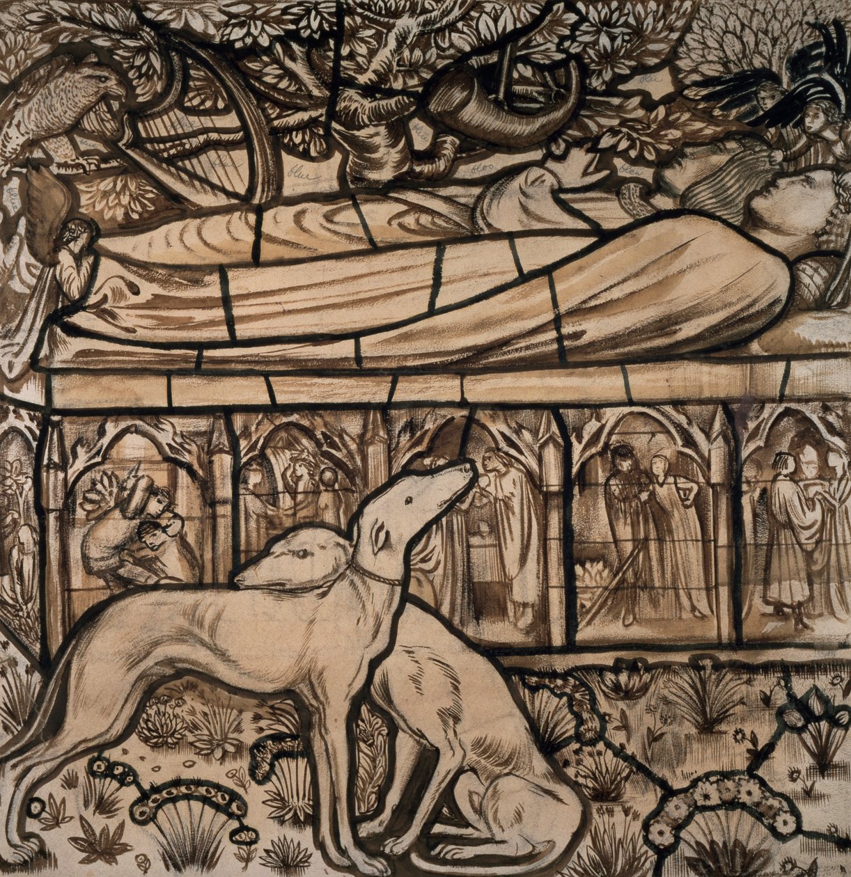 Grobowiec Tristrama i Izoldy, rysunek do witrażu, 1862 autorstwa Edward Burne Jones
