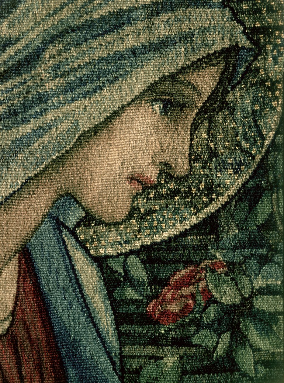 Twarz Dziewicy, detal z Pokłonu Trzech Króli, wykonany przez William Morris and Co. Merton Abbey, detal z ręcznie tkanego wełnianego gobelinu z 74333 autorstwa Edward Burne Jones