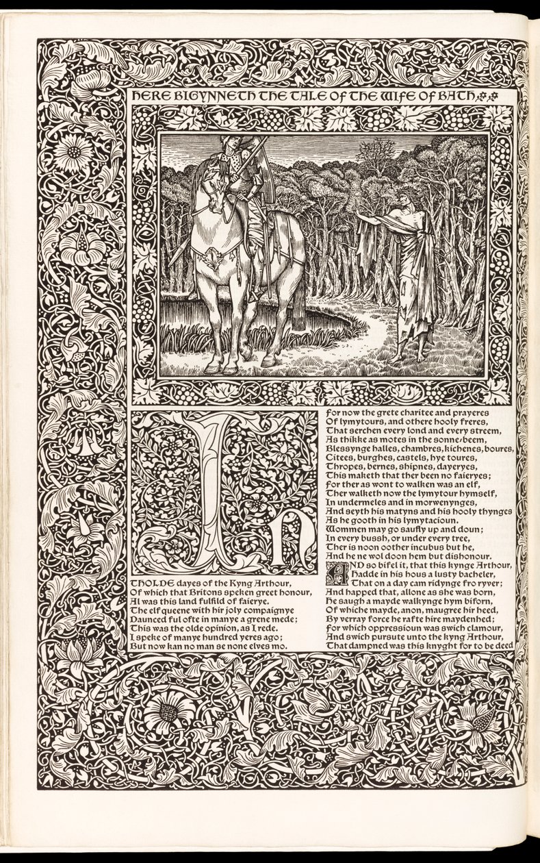 „The Works of Geoffrey Chaucer Now Newly Imprinted” autorstwa Geoffreya Chaucera, opublikowane przez Kelmscott Press w 1896 r. (drzewryt) autorstwa Edward Burne Jones