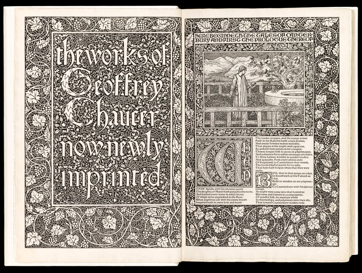 „The Works of Geoffrey Chaucer Now Newly Imprinted” autorstwa Geoffreya Chaucera, opublikowane przez Kelmscott Press w 1896 r. (drzewryt) autorstwa Edward Burne Jones