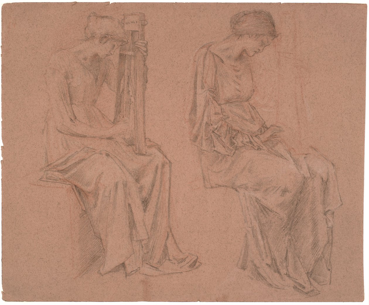 Dwa studia siedzącej dziewczyny grającej na cytrze autorstwa Edward Coley Burne Jones