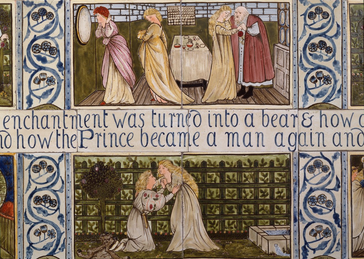 Panel płytek przedstawiający historię Pięknej i Bestii z domu Birket Foster w Witley, Surrey, ok. 1862 r. (ceramika) autorstwa Edward Coley & Morris William (1834-96) Burne-Jones