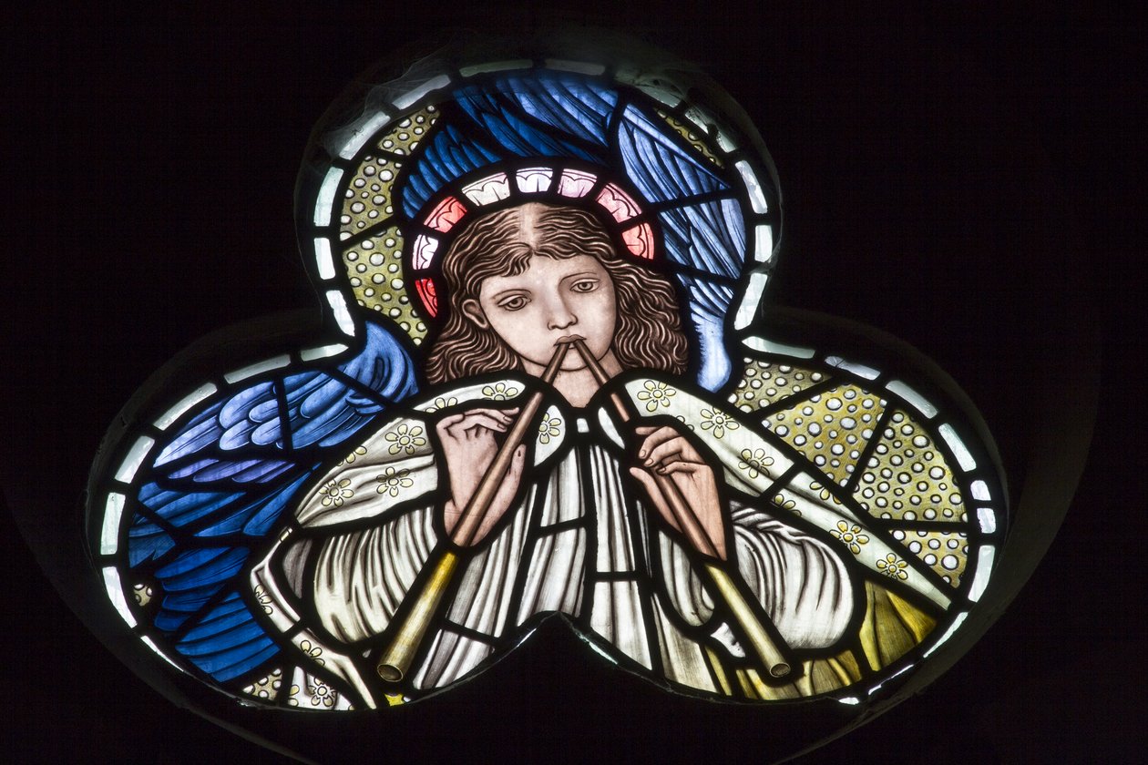 Wilden, All Saints, Morris & Co., Edward Burne-Jones, John Henry Dearle (1859-1932), Anioły dmuchające w podwójne fajki, Aniołowie Muzycy, 1902-1914, Louisa, Alfred, The Baldwins, Premier, Metodysta, W autorstwa Edward Coley and Dearle Burne Jones