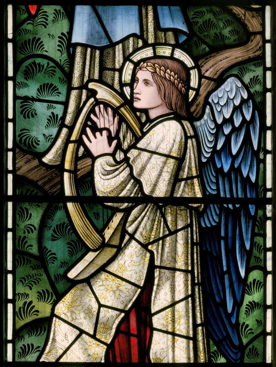 Wilden, All Saints, Morris & Co., Edward Burne-Jones, John Henry Dearle (1859-1932), Anioły raju, Angel Musicians, detal, 1902-1914, Louisa, Alfred, The Baldwins, premier, metodysta, Wo autorstwa Edward Coley and Dearle Burne-Jones