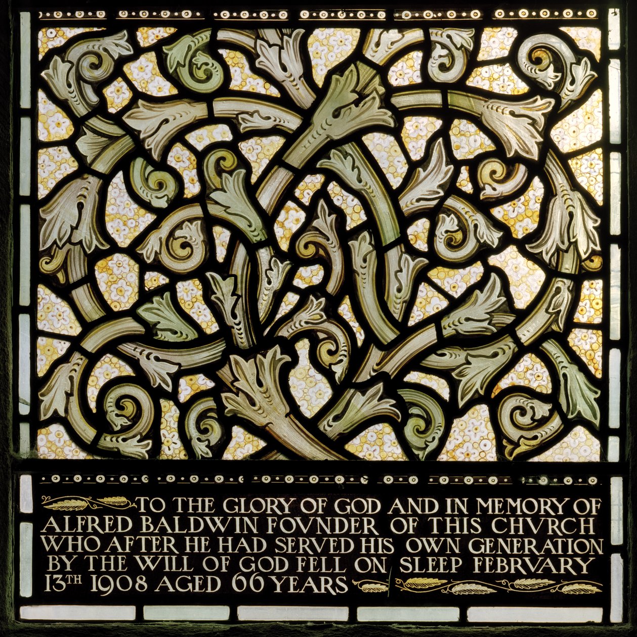 Wilden, All Saints, Morris & Co., Edward Burne-Jones, John Henry Dearle (1859-1932), Dedykacja dla Alfreda Baldwina z okna The Joshua, 1902-1914, Louisa, The Baldwins, Premier, Metodysta, Wo autorstwa Edward Coley and Dearle Burne-Jones