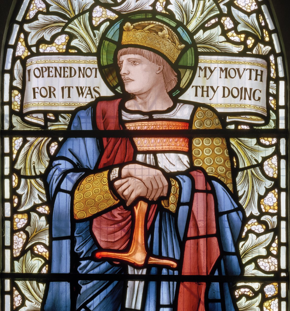 Wilden, All Saints, Morris & Co., Edward Burne-Jones, John Henry Dearle (1859-1932), King Ethelbert, szczegół, 1902-1914, Louisa, Alfred, The Baldwins, Premier, Metodysta, Worcestershire, Arts & autorstwa Edward Coley and Dearle Burne-Jones