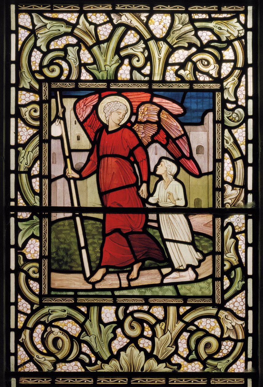 Wilden, All Saints, Morris & Co., Edward Burne-Jones, John Henry Dearle (1859-1932), Dziecko z Aniołem Stróżem, 1902-1914, Louisa, Alfred, The Baldwins, Premier, Metodysta, Worcestershire, autorstwa Edward Coley and Dearle Burne Jones