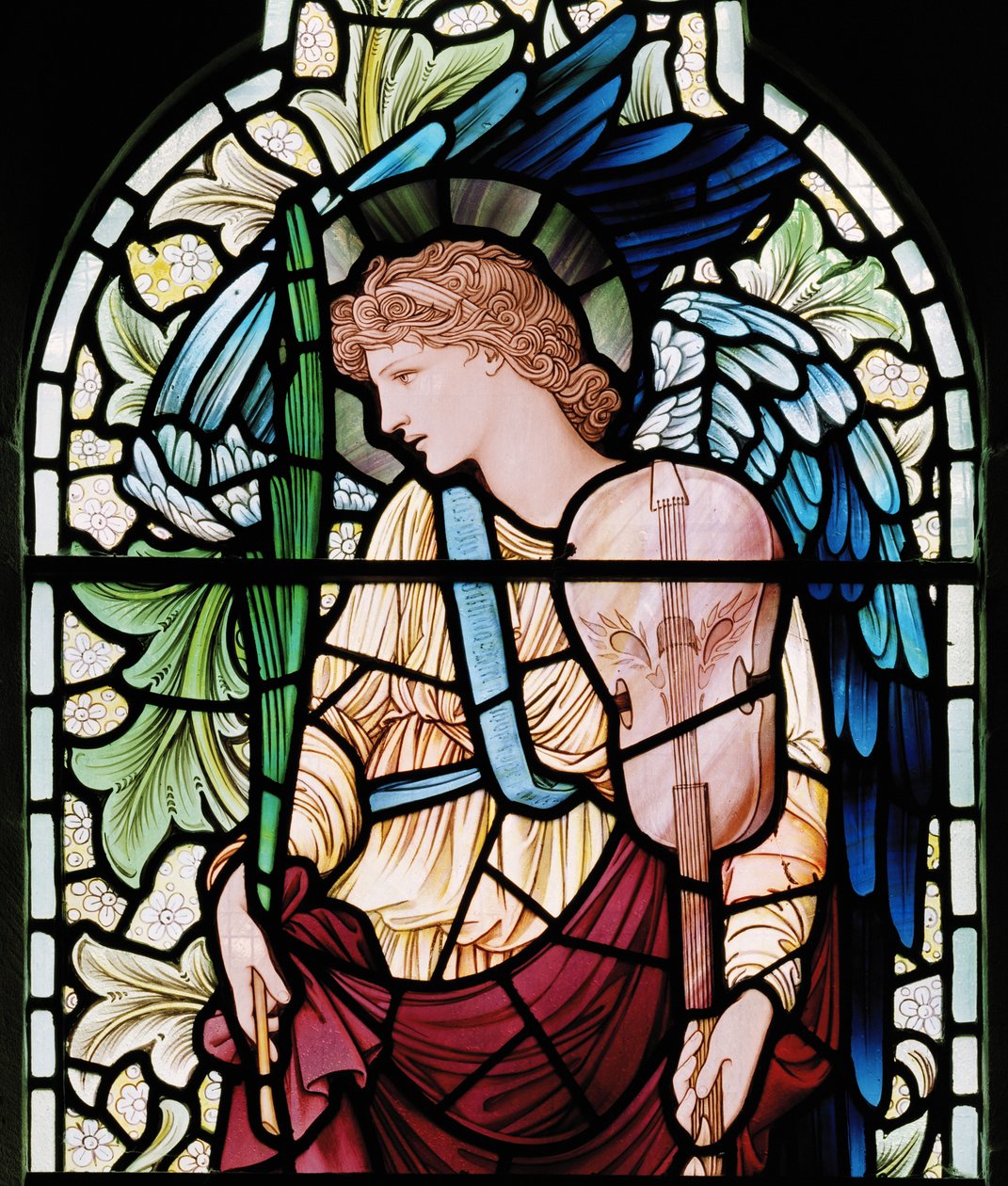 Wilden, All Saints, Morris & Co., Edward Burne-Jones, John Henry Dearle (1859-1932), The Minstrel Angel, Angel Musician, detail, 1902-1914, Louisa, Alfred, The Baldwins, Premier, Metodysta, Wor autorstwa Edward Coley and Dearle Burne-Jones