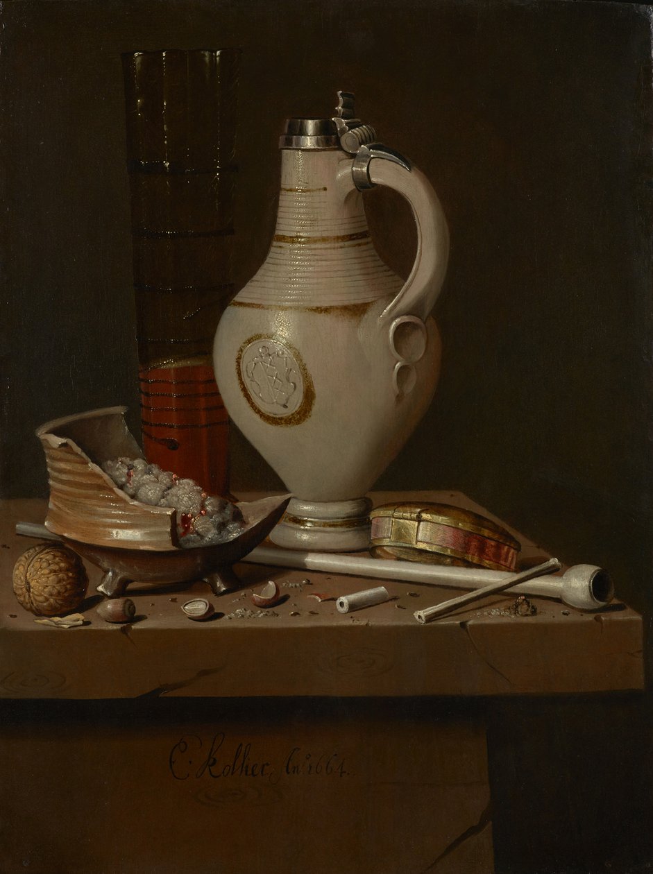 Martwa natura z przyborami do palenia i kuflem piwa, 1664 autorstwa Edward Collier