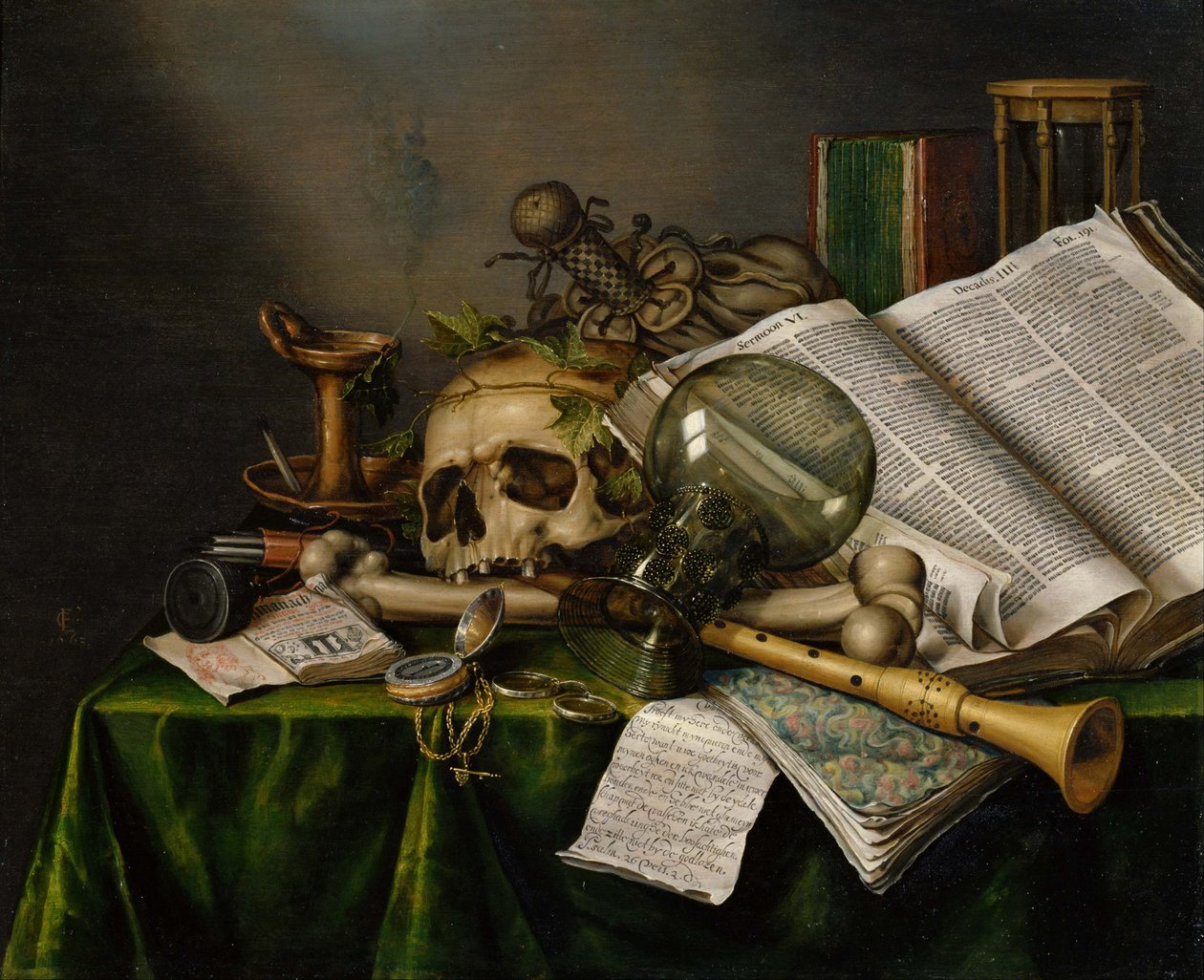 Vanitas. Martwa natura z książkami, rękopisami i czaszką autorstwa Edward Collier