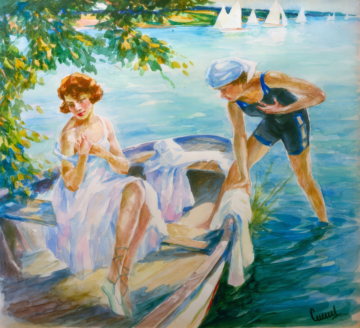 Letni dzień nad jeziorem z dwiema młodymi kobietami w łodzi autorstwa Edward Cucuel