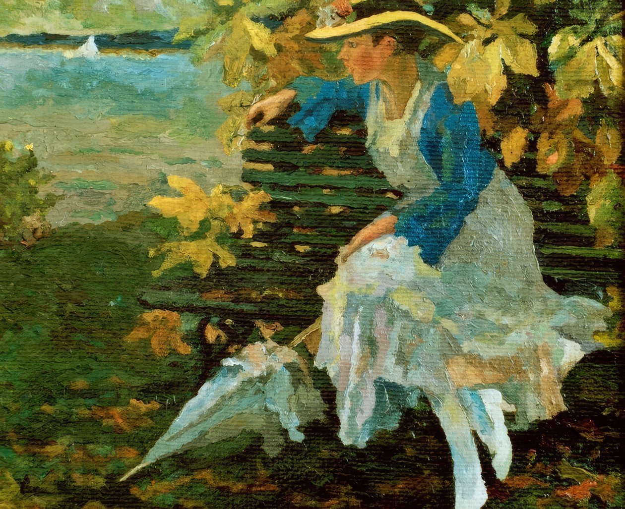 Kobieta na ławce w parku nad jeziorem autorstwa Edward Cucuel