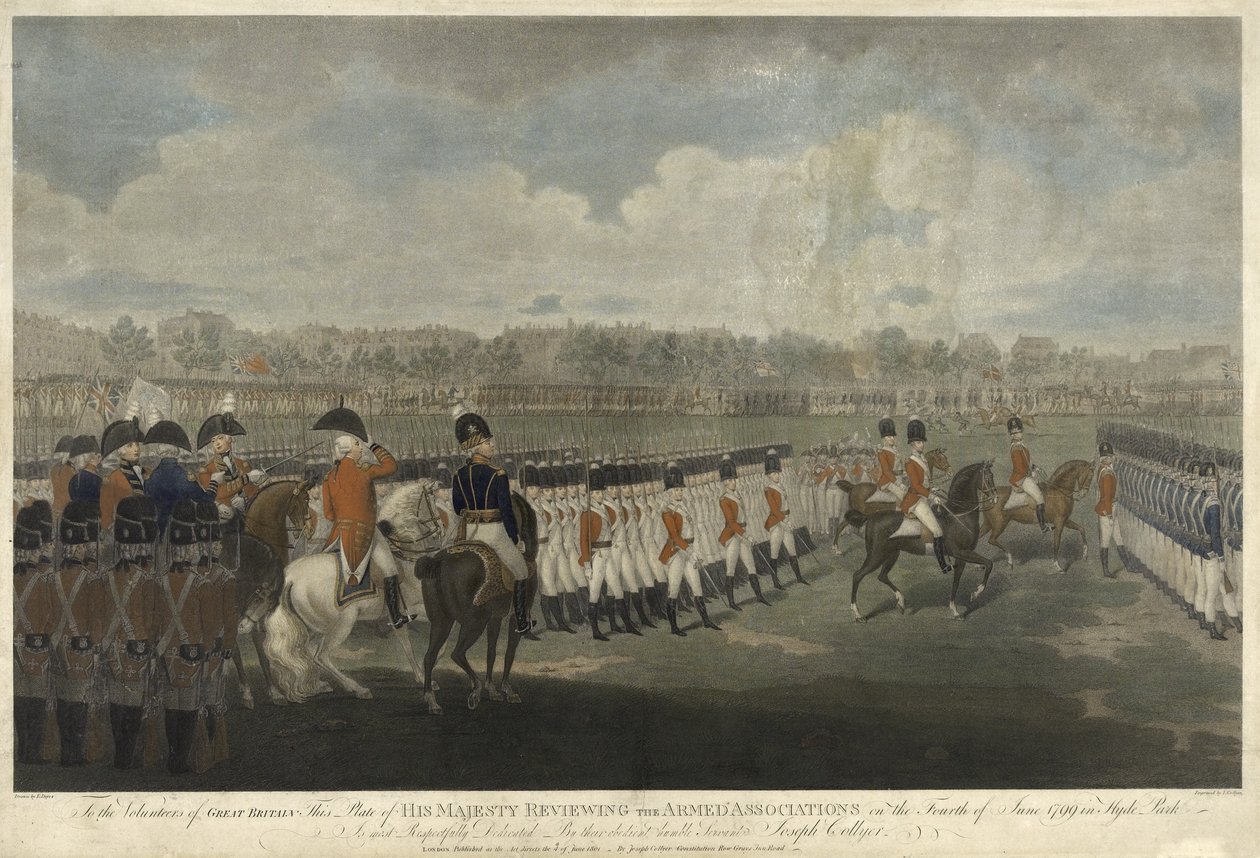 Król recenzujący Związek Zbrojny w Hyde Parku w dniu 4 czerwca 1799 r., rycina J. Collyer, 1801 (kolorowy grawer punktowany) autorstwa Edward Dayes