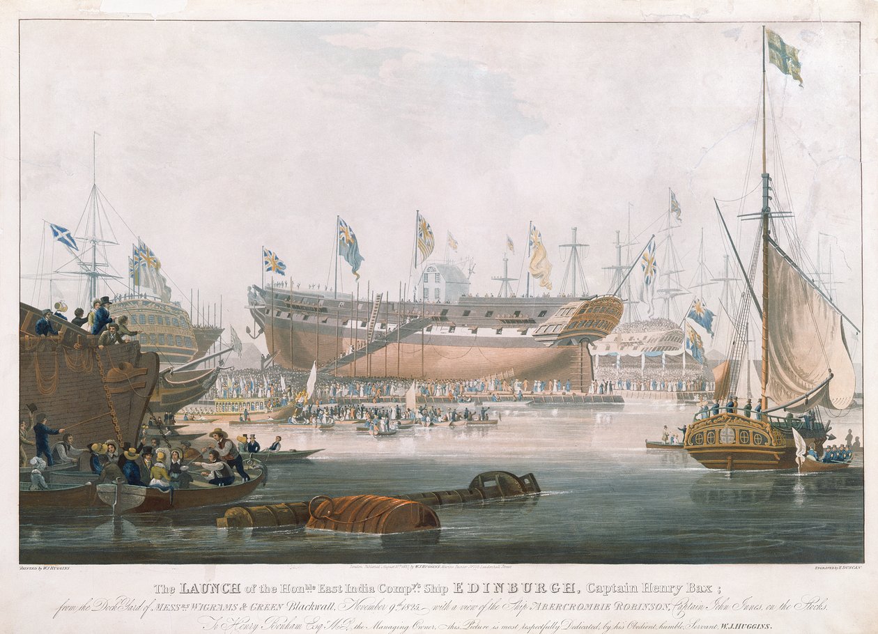 Uruchomienie Edynburga w Blackwall, 9 listopada 1825, namalowanego przez Huggins autorstwa Edward Duncan