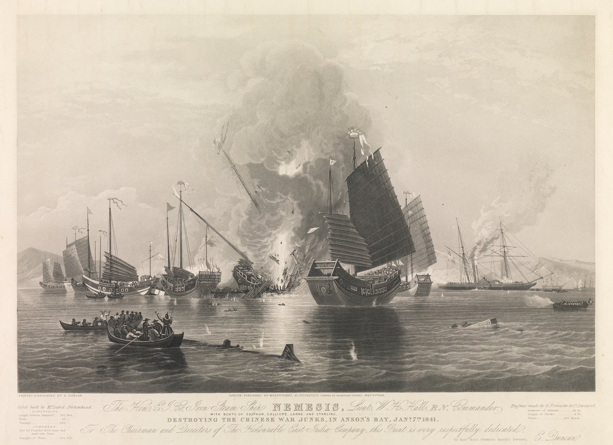 Żelazny statek parowy E.I. Co. Nemesis, ... z łodziami Sulphur, Calliope, Larne i Starling, niszczący chińskie okręty wojenne w zatoce Ansona, 7 stycznia 1841 r. (Chuenpee w pobliżu Kantonu). autorstwa Edward Duncan
