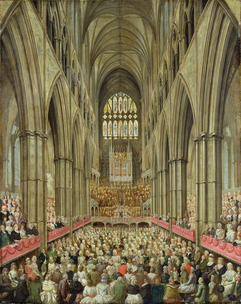 Widok wnętrza opactwa Westminster w obchodach stulecia Haendla, zaczerpnięty ze skrzynki zarządcy, ok. 1793 autorstwa Edward Edwards