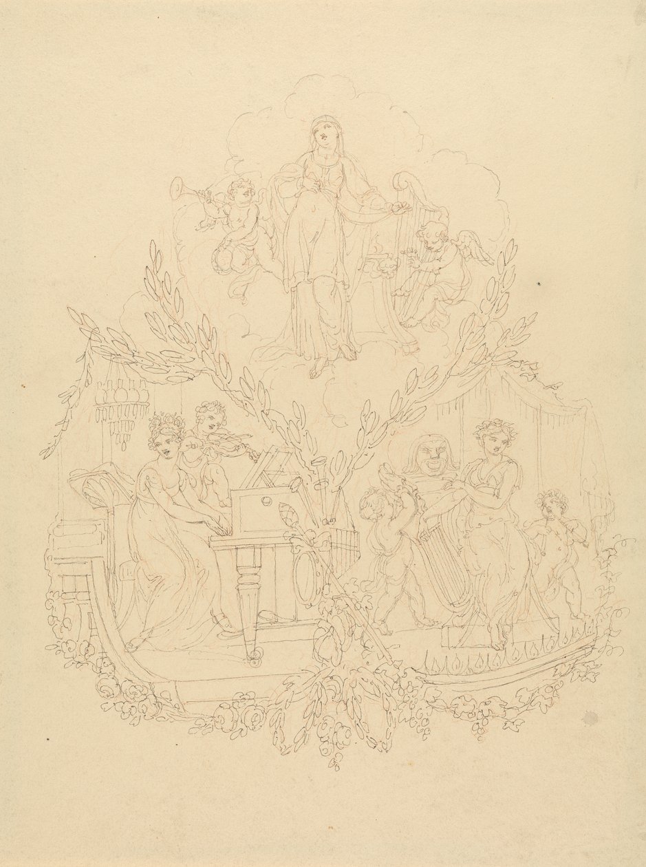 Kobiece postacie i putti grające na instrumentach muzycznych autorstwa Edward Francis Burney