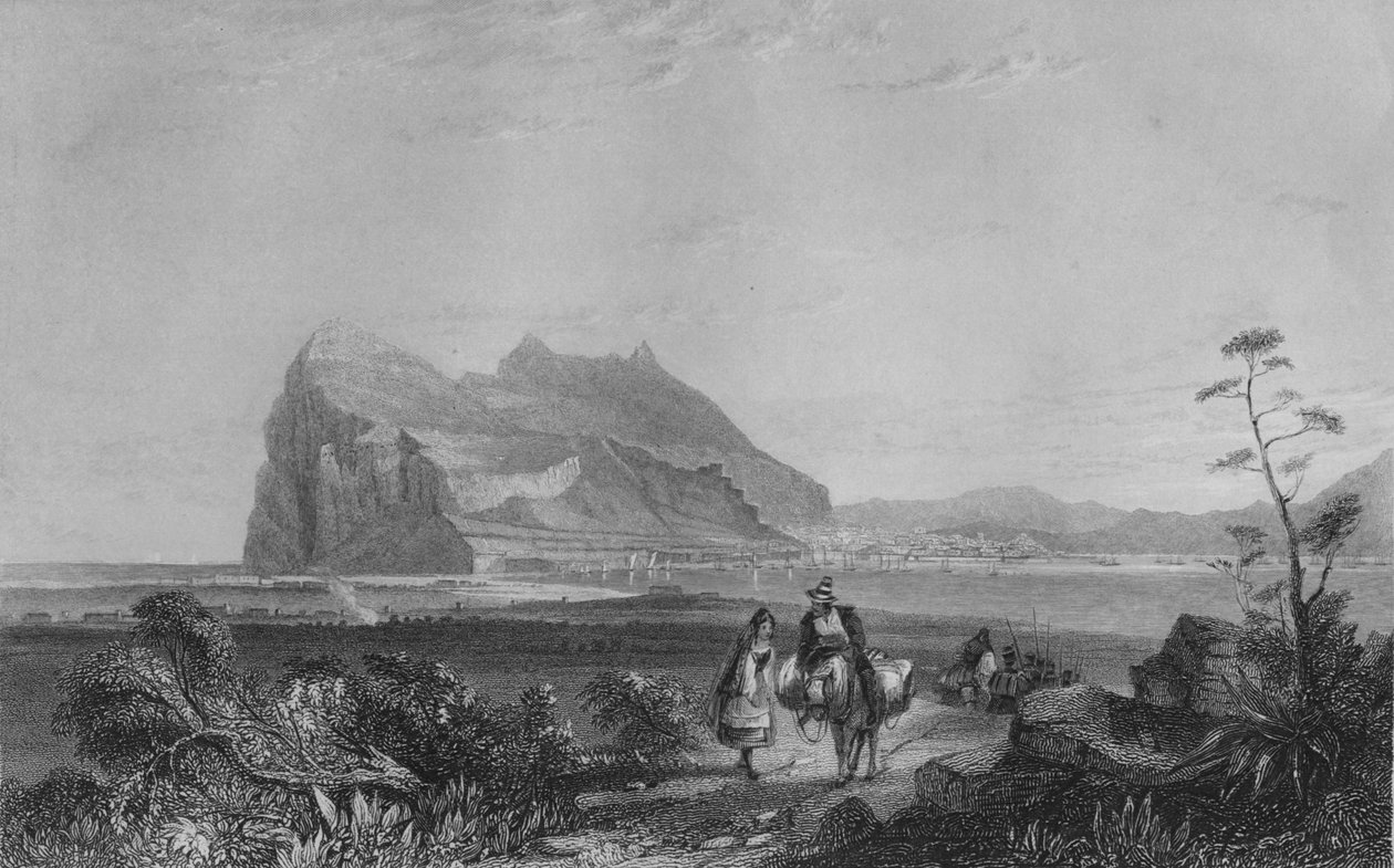 Gibraltar. Z dolnej wieży sygnałowej u stóp krzesła królowej Hiszpanii, 1840 autorstwa Edward Francis Finden