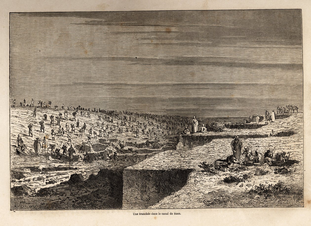 Okop w Kanale Sueskim, rysunek Greneta, ilustrujący wyprawę do Kanału Sueskiego w 1862 roku przez Paula Merruau. Grawerowanie w „”Le tour du monde””, pod redakcją Edouarda Chartona autorstwa Edward Grenet