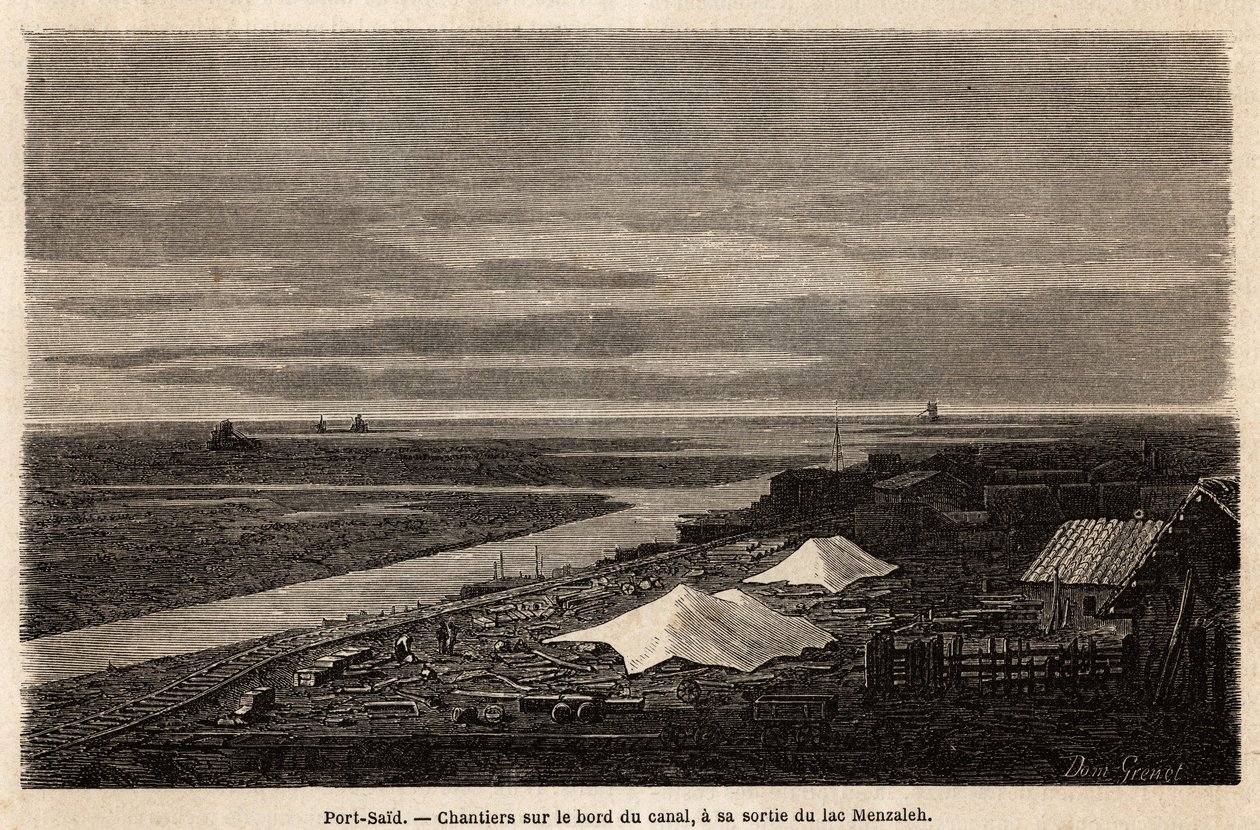Stocznie Port Said, na skraju Kanału Sueskiego, przy wyjściu z jeziora Menzaleh, narysowany przez Greneta, aby zilustrować wycieczkę do Kanału Sueskiego w 1862 r., autorstwa Paula Merruau. Grawerowanie w „”Le tour du monde””, pod redakcją Edouarda Chartona autorstwa Edward Grenet
