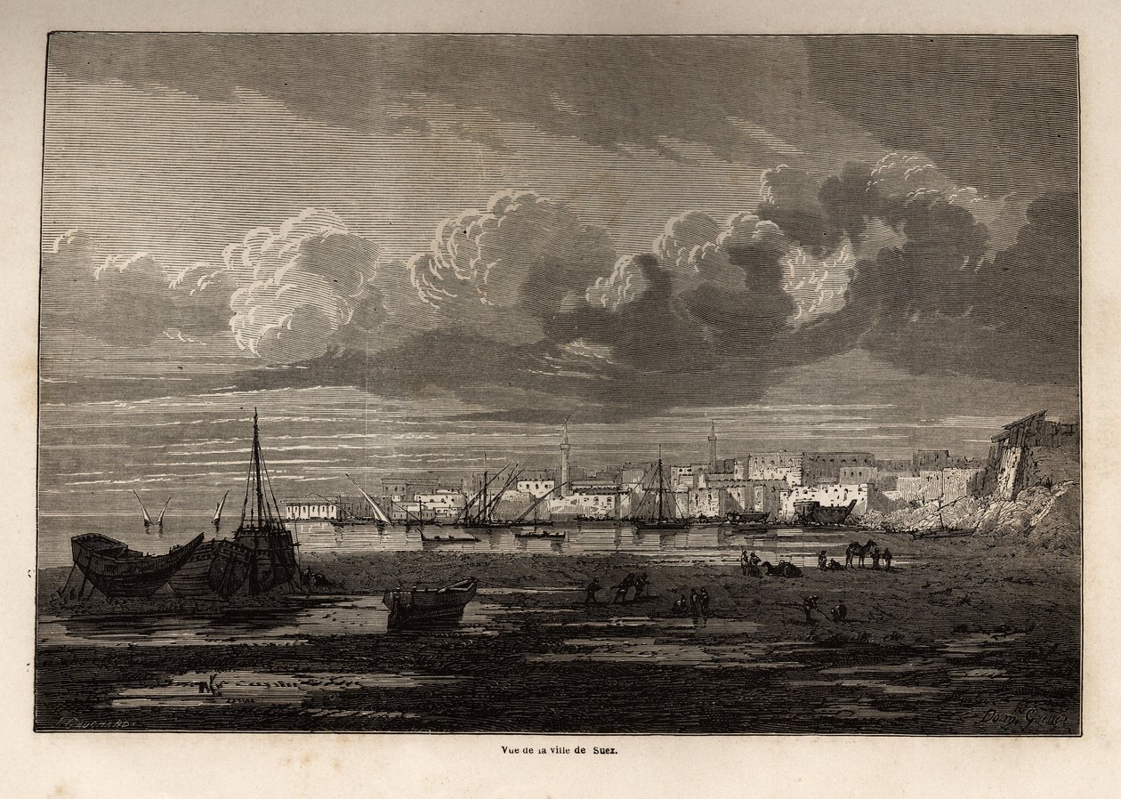 Widok miasta Suez (Egipt), rysunek Greneta, ilustrujący wycieczkę do Kanału Sueskiego w 1862 r., autorstwa Paula Merruau. Grawerowanie w „”Le tour du monde””, pod redakcją Edouarda Chartona autorstwa Edward Grenet