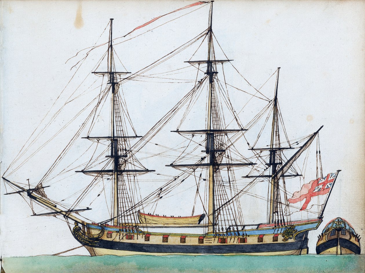 Brytyjski okręt z 20 działami, ukazujący takielunek i łódź okrętową oraz osobny widok rufy, ok. 1780 r. (akwarela, piórko i tusz) autorstwa Edward Gwyn