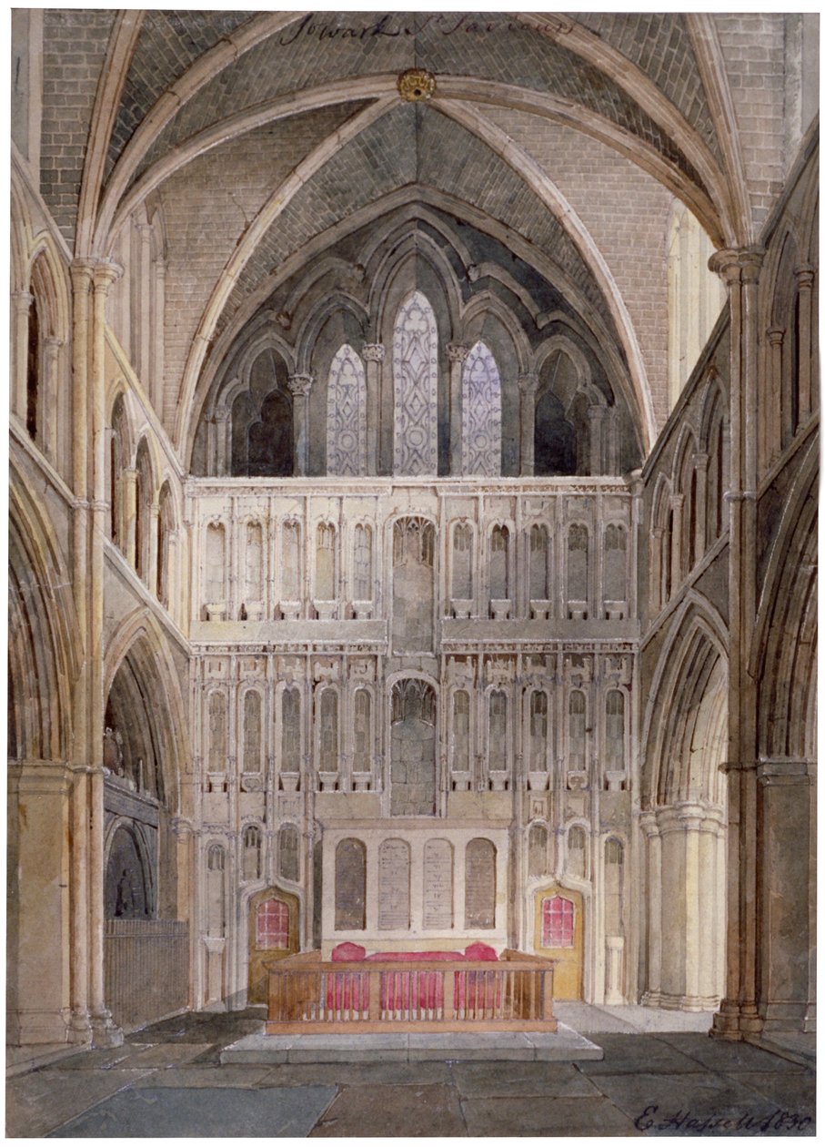 Widok wnętrza w kierunku ołtarza, kościół św. Zbawiciela, Southwark, Londyn, 1830 r. autorstwa Edward Hassell