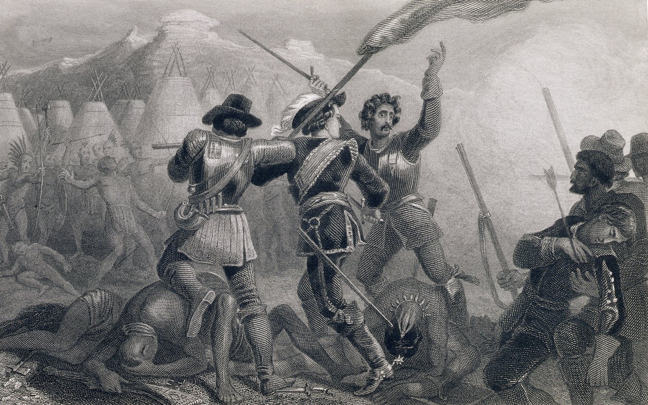 Wojna Pequod, 1636, z „Historii Stanów Zjednoczonych”, tom. I, Charles Mackay, grawerowane przez James Charles Armytage (c.1820-97) autorstwa Edward Henry Corbould