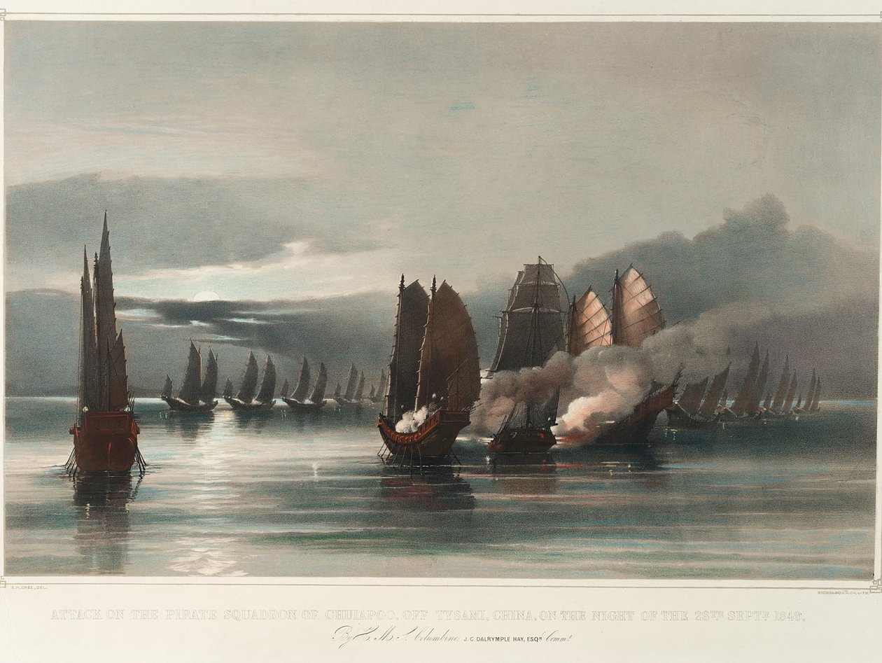 Atak na piracką eskadrę Chuiapoo u wybrzeży Tysami w Chinach w nocy 28 września 1849 r. przez HMS Columbine, J.C. Dalrymple Hay, Esqr, Commr, ok. 1849 r. (druk, litografia, kolorowana) autorstwa Edward Hodges Cree