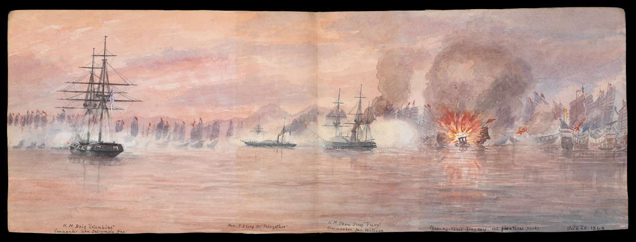 Private Illustrated Journal of Dr E H Cree, tom XII 1849, rozkładówka obok strony 73-74, "The attack on the Pirate fleet of Shap-ng-tsai in the Tonquin River" 21 października 1849 r. CRJ12 (obraz) autorstwa Edward Hodges Cree