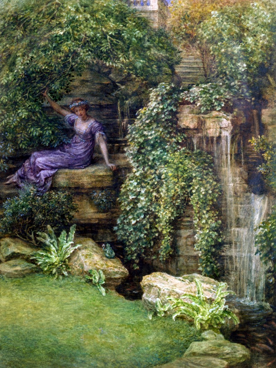"Księżniczka i żaba" Spotkanie młodej księżniczki i żaby (księcia z bajki) w romantycznym ogrodzie, obraz Edwarda Johna Poyntera (1836-1919) (prerafaelita) autorstwa Edward John Poynter