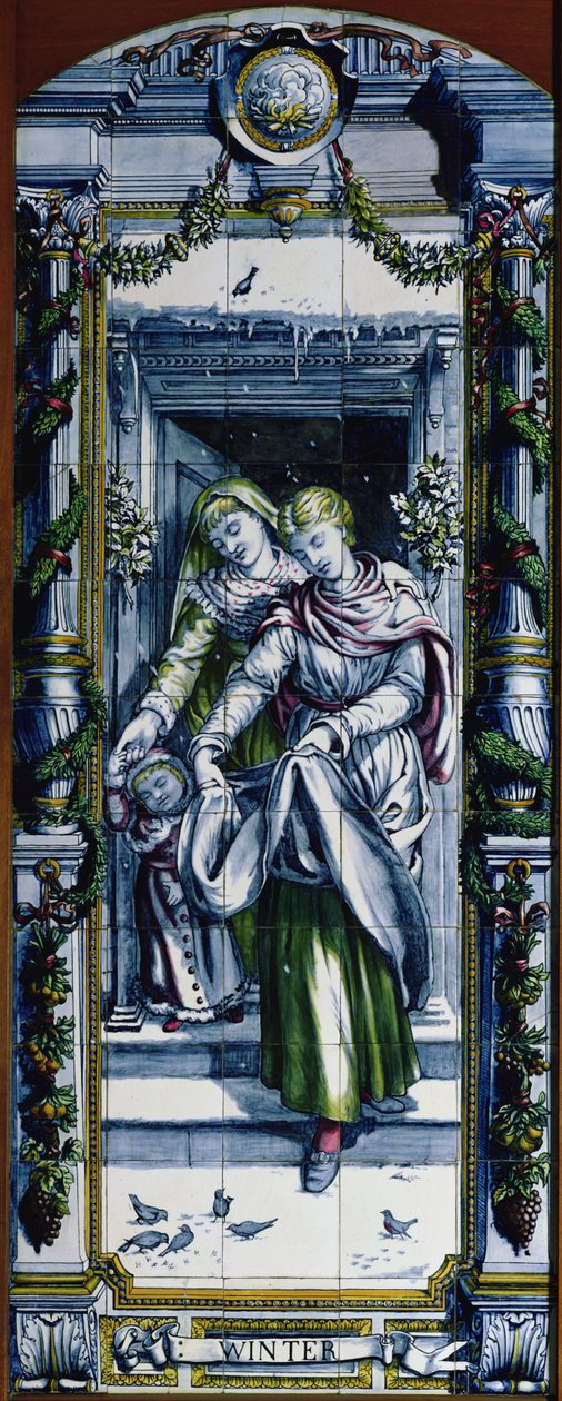 Zima, z serii paneli kaflowych, zaprojektowanych przez Sir Edwarda Poyntera i wykonanych przez Minton, Campbell and Company, dla kuchni holenderskiej, 1867-8 (ceramika) autorstwa Edward John Poynter