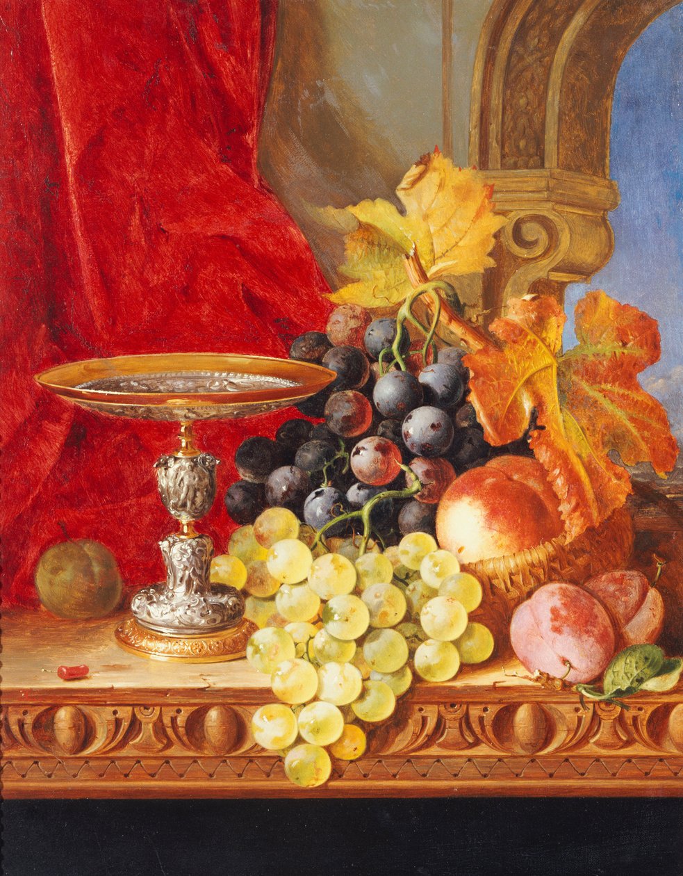 Winogrona i brzoskwinia z tazza na stole przy oknie autorstwa Edward Ladell