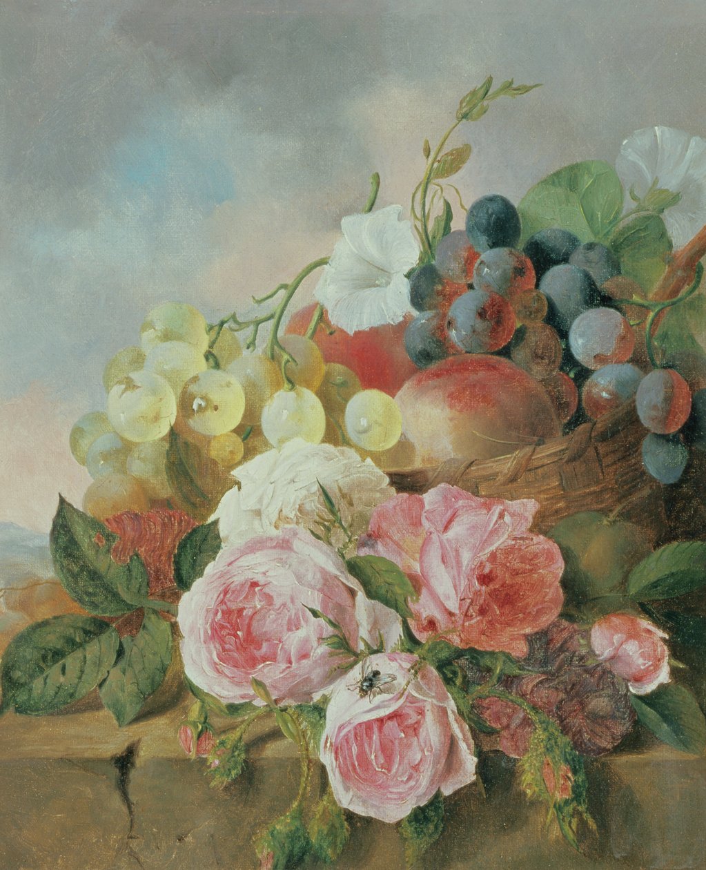 Martwa natura z owoców i róż na półce autorstwa Edward Ladell