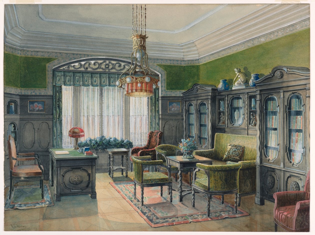Rysunek, wnętrze biblioteki lub biura, ok. 1915 r. autorstwa Edward Lamson Henry