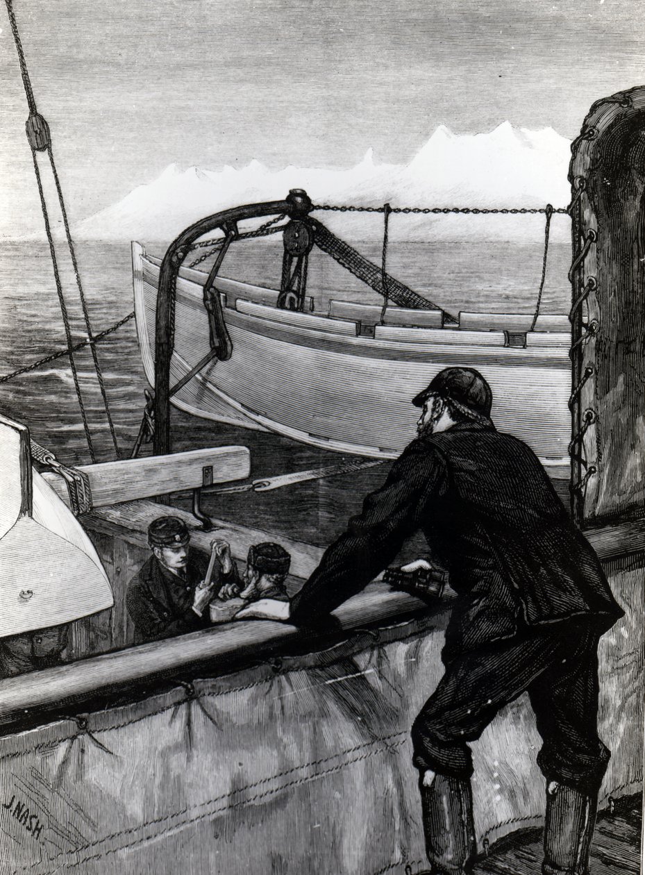 The Arctic Expedition - „Alert” w pobliżu Holsteinborg, Grenlandia: Sternpost Cutter of Iceboat on Skids, opublikowany w „The Graphic”, grawerowany przez J. Nasha, 1875 autorstwa Edward Lawton Moss