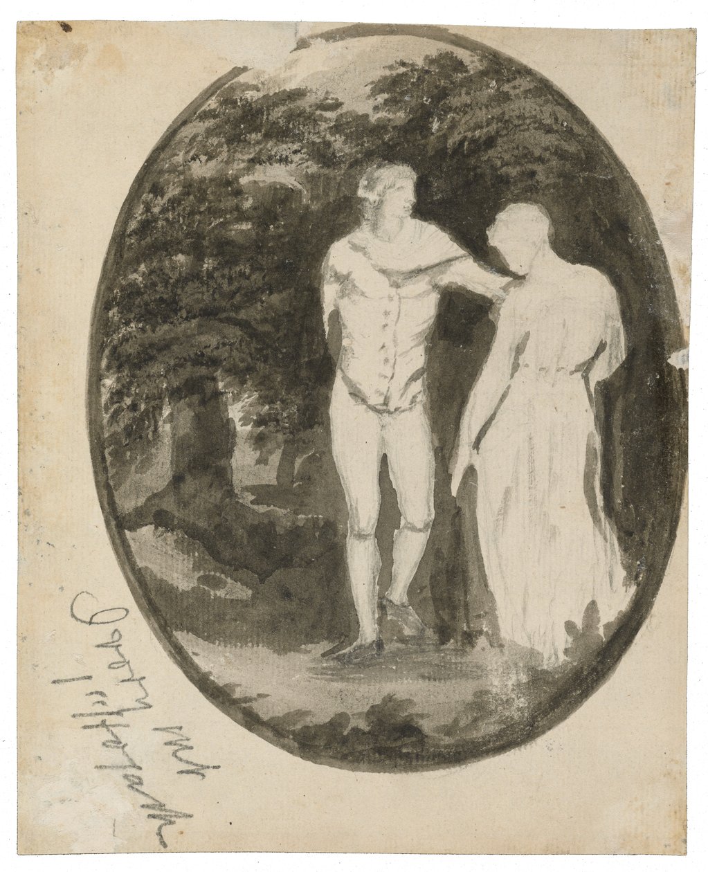 Para w pejzażu leśnym osadzona w owalu (verso), ok. 1900 r. 1838-1848 (tusz i wash na papierze czerpanym) autorstwa Edward Lear
