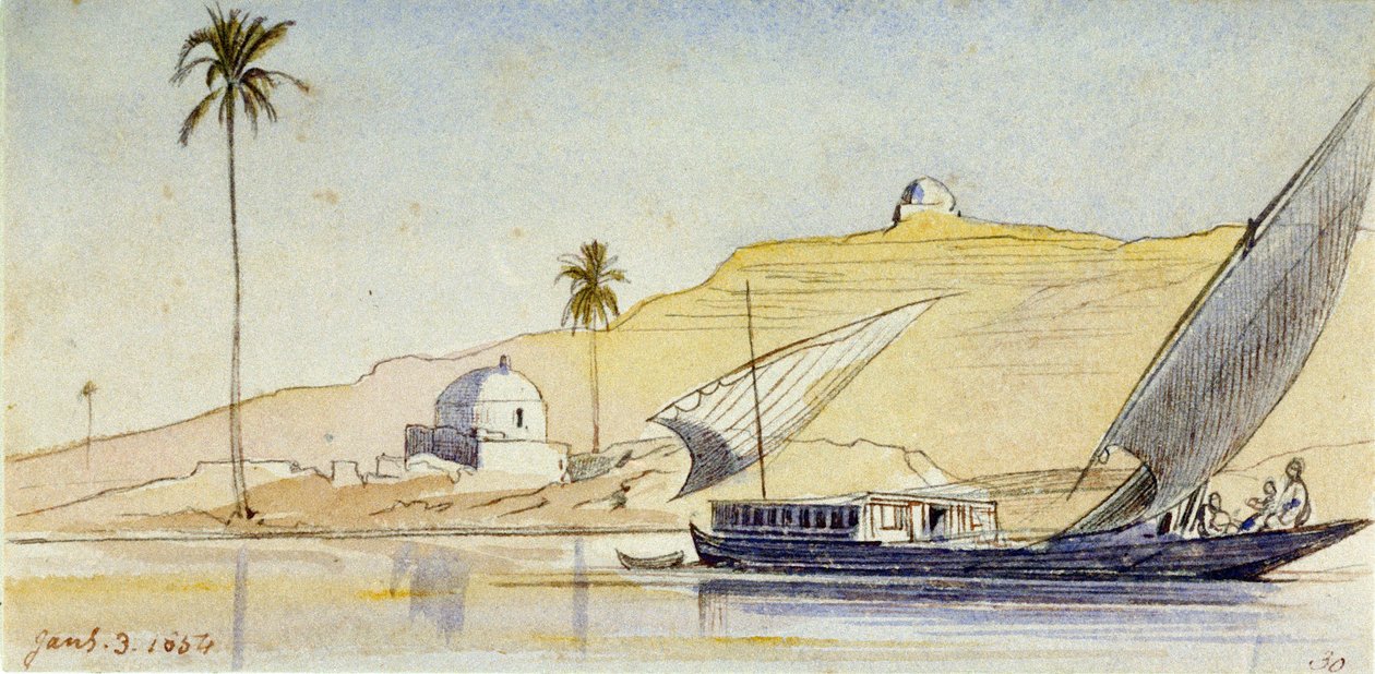 Duża egipska fellucca na Nilu (Egipt), przed stromymi brzegami, z palmą i dwoma białymi marabutami, które podkreślają pustynny aspekt krajobrazu. autorstwa Edward Lear