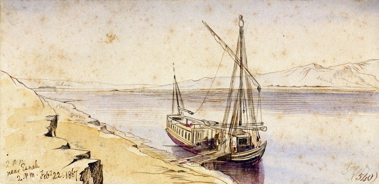 Tradycyjna egipska łódź cumująca na brzegu Nilu w pobliżu Esneh (Egipt). Kolorowy rysunek akwarelą autorstwa Edward Lear